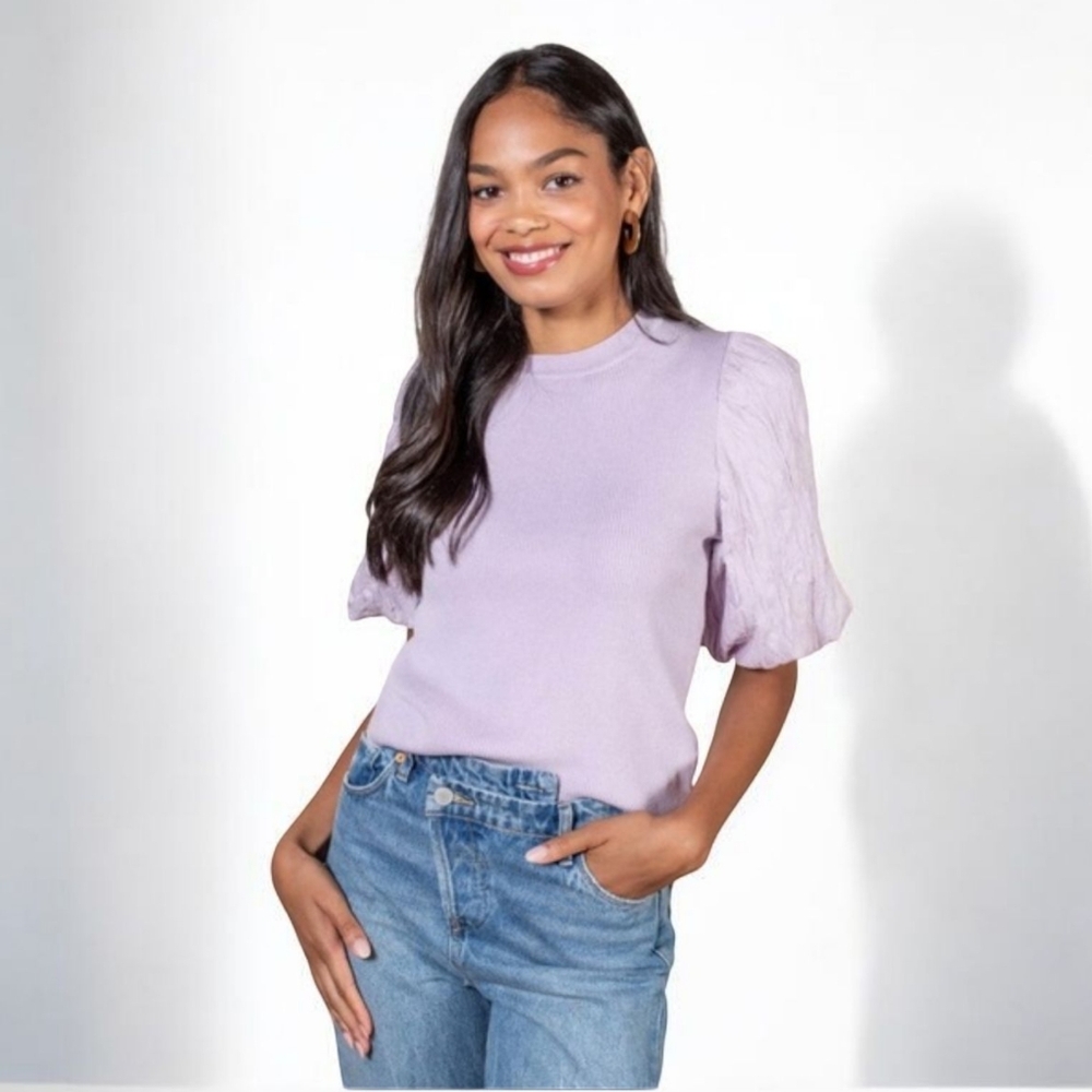 NEW Lucy Paris Elle Puff Shoulder Ribbed Knit Top in Lavender Size Small